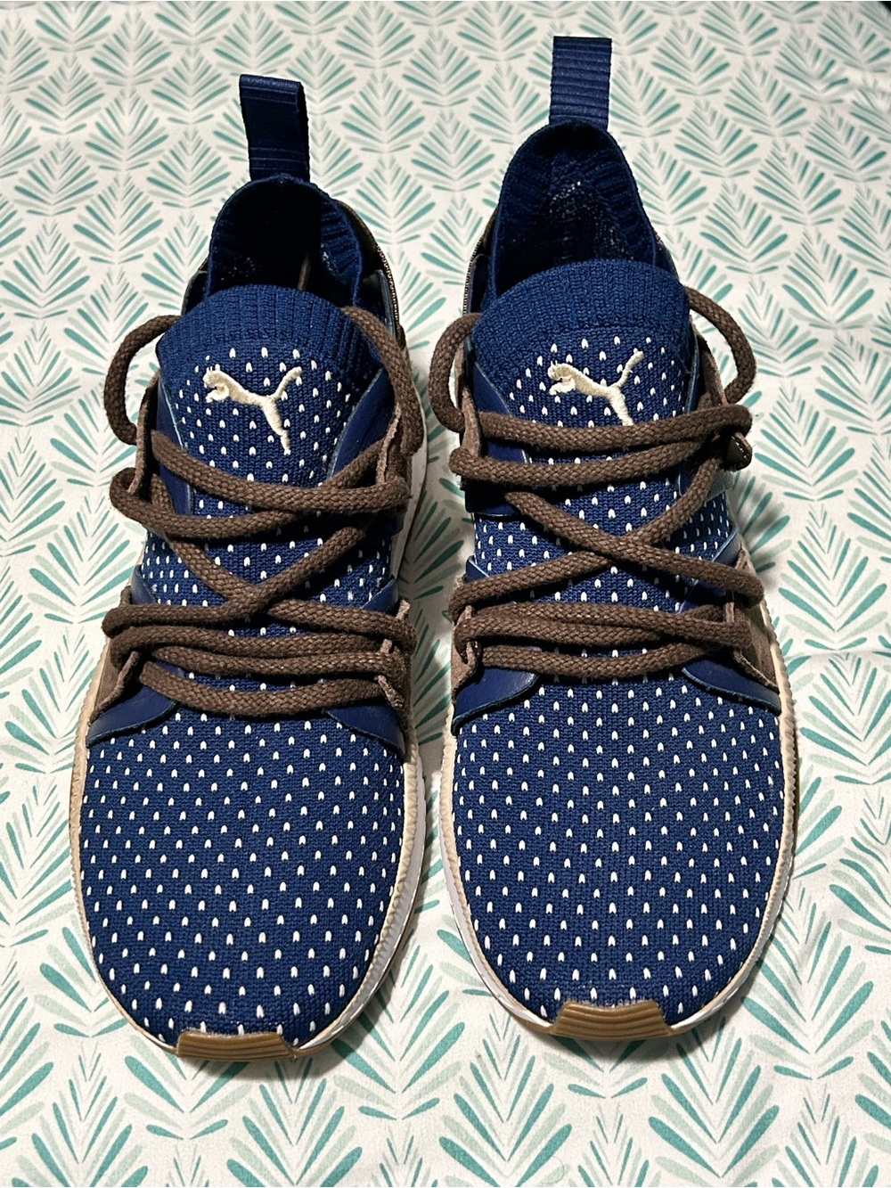 Puma Navy Knit Sneakers with Brown Laces